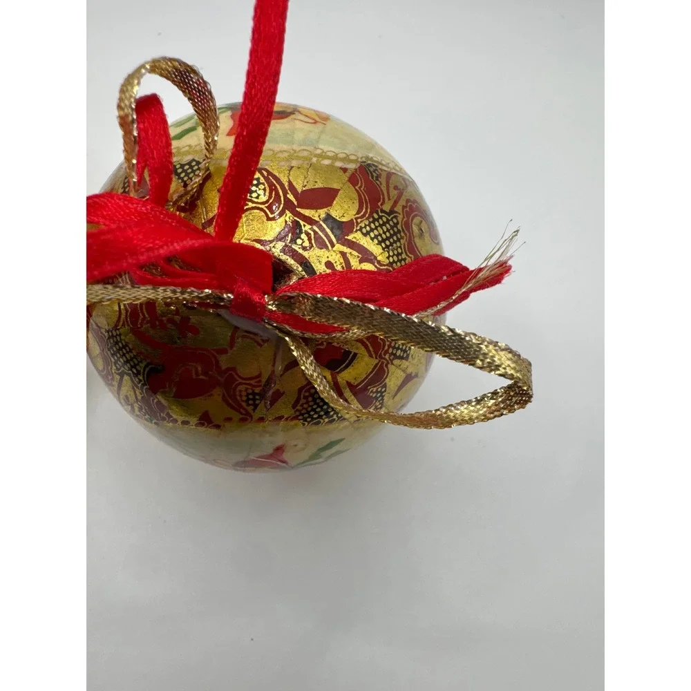 Vintage Style Decoupage Christmas Ornaments Santa and Elf Gold Foil Set of 2